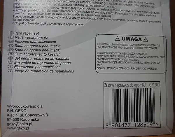 Foto dell’avviso ufficiale: Geko Zestaw naprawczy do opon Set riparazione pneumatici — rischio: Rischio chimico
