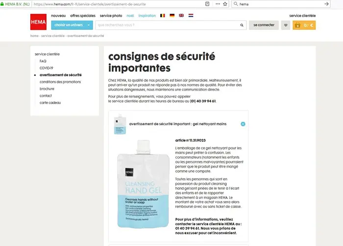 Foto do aviso oficial: Hema cleansing hand gel Desinfetante das mãos — risco: Incêndio & Risco para a saúde / outro
