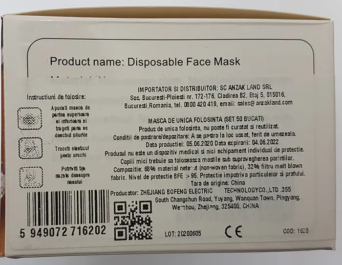 Photo de l’avis officiel: Disposable Protective Mask Masque filtre à particules — risque: Risque sanitaire/autre (INFO/00164/20)