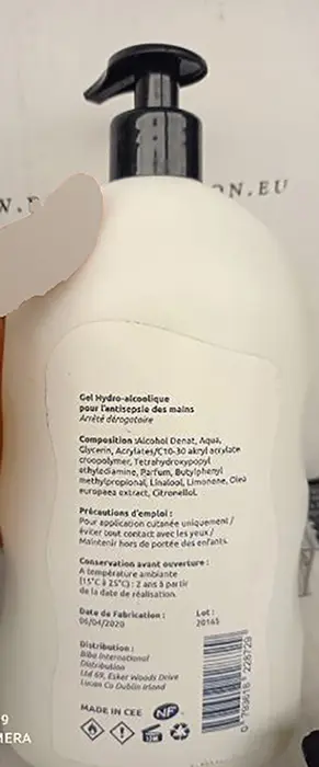 Foto dell’avviso ufficiale: Gel mains Disinfettante per le mani — rischio: Ustioni & Rischio per la salute / altro
