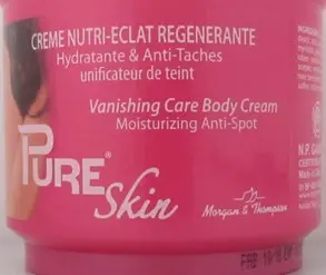 Foto do aviso oficial: Pure Skin Body Cream Produto para clarear a pele — risco: Químico