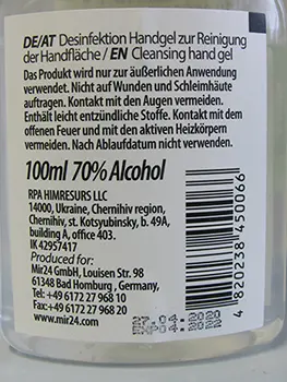 Foto uit de officiële melding: MIR 24 Desinfektion Handgel (100 ml) Handdesinfecterend middel — risico: Chemische risico's