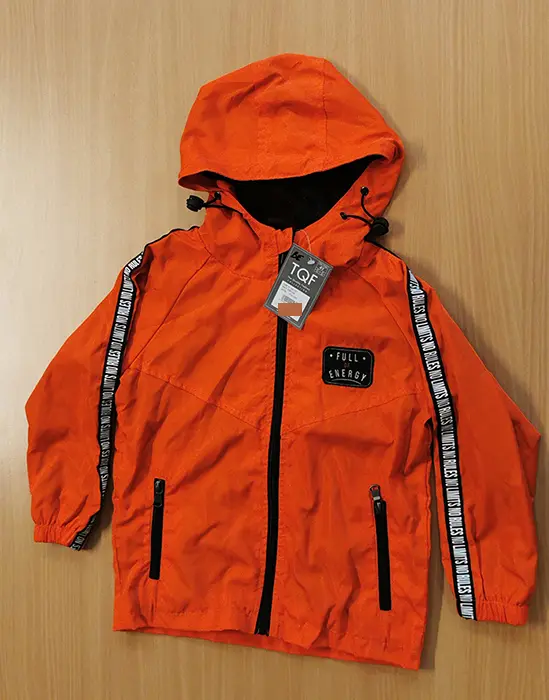 Photo from the official notice: TQF orange waterproof jacket — strangulation risk