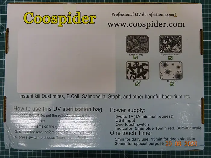 Foto dell’avviso ufficiale: Coospider UV Tote Bag Steriliser Borsa sterilizzatore UV — rischio: Ustioni & Danno alla vista