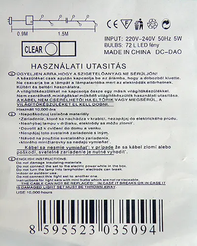 Photo de l’avis officiel: 72L LED fény Chaîne d’éclairage — risque: Brûlures & Choc électrique