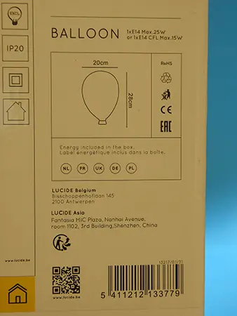 Foto do aviso oficial: Lucide BALLOON Lâmpada de mesa/parede — risco: Queimaduras & Choque elétrico