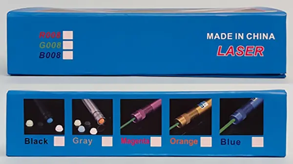 Photo de l’avis officiel: LASER (on the packaging); Li thium battery charger (on the charger) Pointeur laser avec chargeur — risque: Dommages à la vue & Choc électrique