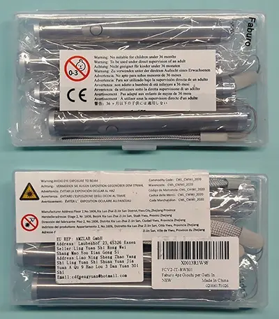 Photo from the official notice: Faburo 4pz Giochi per Gatti In… NEW laser pointer — damage to sight risk