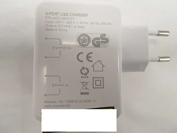 Photo de l’avis officiel: MAXXTER Chargeur USB — risque: Choc électrique & Incendie