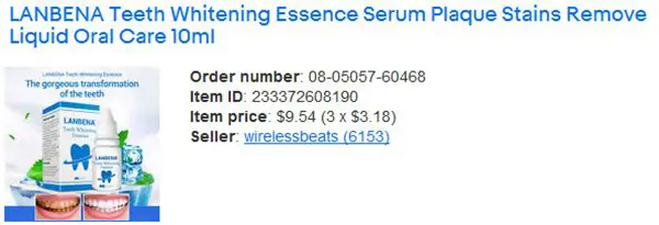 Foto do aviso oficial: Lanbena Lanbena Teeth Whitening Essense Serum Plaque Stains Remove Liquid Oral Care 10ml Dentes Branqueamento  — risco: Químico