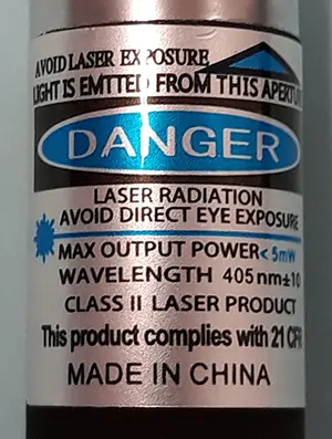 Foto uit de officiële melding: LASER POINTER Laserpointer — risico: Aantasting van het gezichtsvermogen (INFO/00177/20)