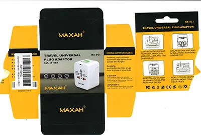 Foto aus der offiziellen Meldung: Maxah Travel Universal Plug Adaptor Steckeradapter — Risiko: Elektrischer Schlag