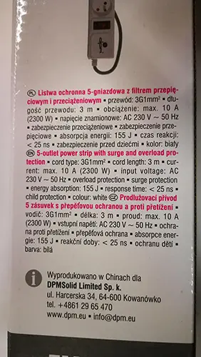 Foto do aviso oficial: dpm Listwa ochronna 5-gniazdowa Chumbo de extensão — risco: Choque elétrico & Incêndio