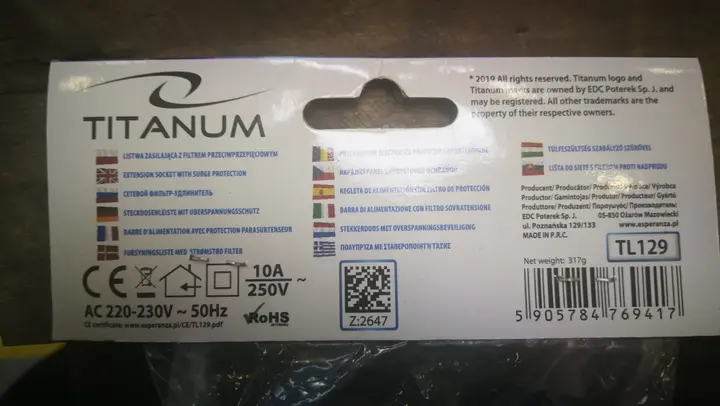Photo de l’avis officiel: TITANUM 4-Way Socket Plomb d’extension — risque: Choc électrique & Incendie