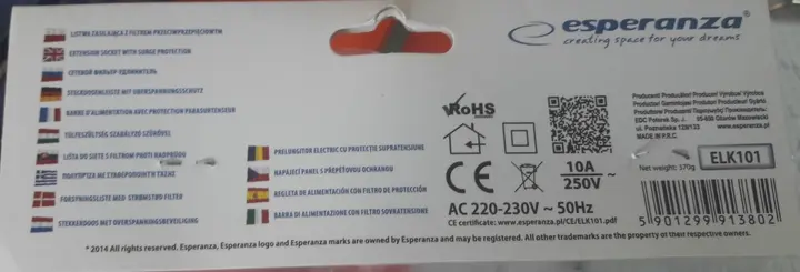 Photo de l’avis officiel: Esperanza Rainbow 5 Pro Plomb d’extension — risque: Choc électrique & Incendie