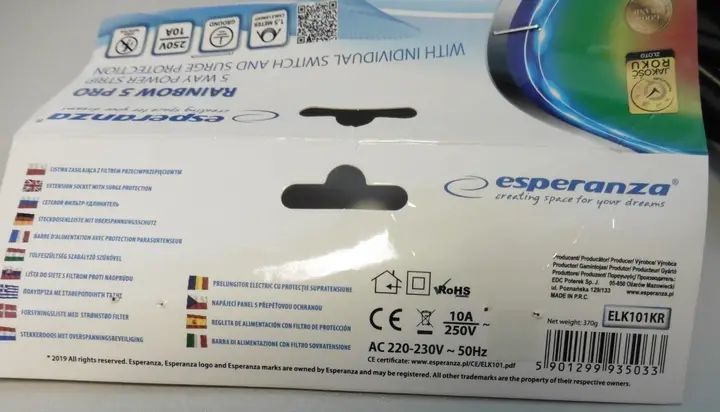 Photo de l’avis officiel: Esperanza Rainbow 5 Pro Plomb d’extension — risque: Choc électrique & Incendie