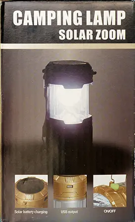 Foto uit de officiële melding: ZM SOLAR ZOOM CAMPING LAMP Draagbare LED-lamp — risico: Brandwonden & Elektrische schok