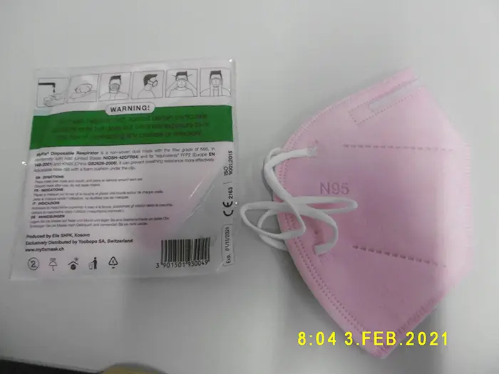 Photo from the official notice: ELIS SHPK, myfixmask N95/FFP2 respirator, N95/FFP2 mask particle filter mask — health risk