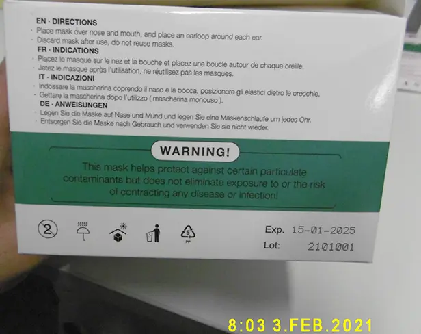 Photo from the official notice: ELIS SHPK, myfixmask N95/FFP2 respirator, N95/FFP2 mask particle filter mask — health risk