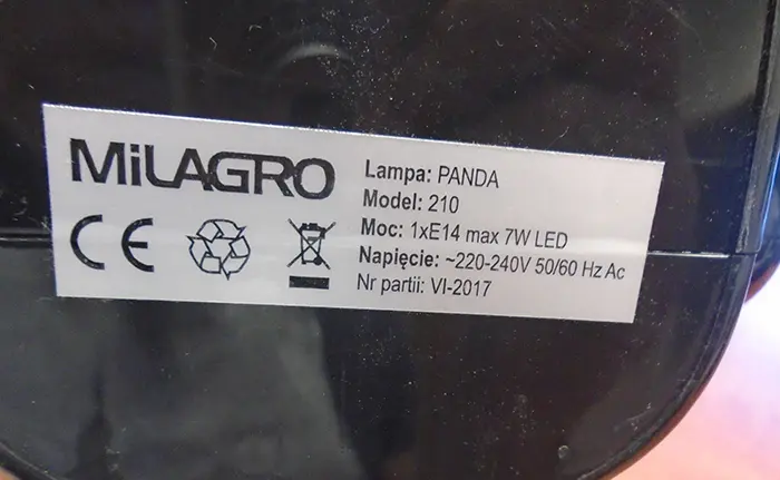 Photo de l’avis officiel: Milagro Lampa: PANDA Lampe de table — risque: Choc électrique