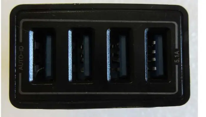 Photo from the official notice: Marque: AS Four-port rapid 5.1A USB charger - high-powered USB adaptor - rapid charger - mains charger for tab — electric shock risk