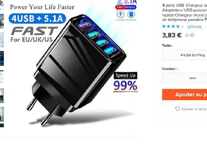Photo from the official notice: Marque: AS Four-port rapid 5.1A USB charger - high-powered USB adaptor - rapid charger - mains charger for tab — electric shock risk