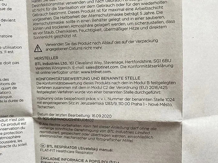 Foto aus der offiziellen Meldung: BTL Respirator BTL Respirator FLAT-FIT Healthcare Respirator BTL Partikelfiltermaske — Risiko: Gesundheitsrisiken/Sonstige