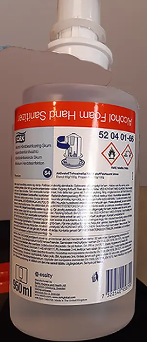 Photo de l’avis officiel: Essity Denmark A/S Tork Alcohol hand disinfection foam Désinfectant pour les mains — risque: Dommages à la vue