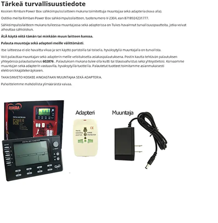 Photo from the official notice: AC/DC adapter RIMBA Digital Sex Power Box personal massage device — electric shock risk