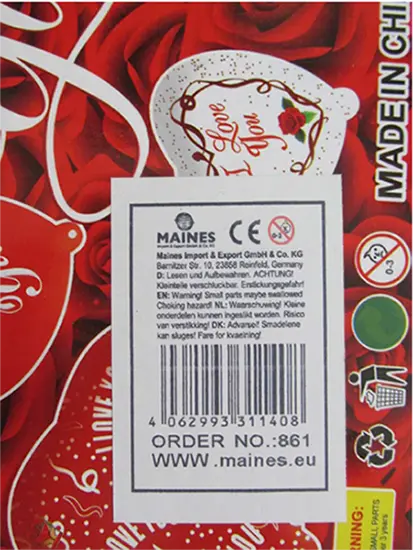 Photo de l’avis officiel: Maines Import &amp; Export GmbH &amp; Co. KG I love You Ballons en forme de coeur — risque: Reizung und Verätzung ggfs. der Augen