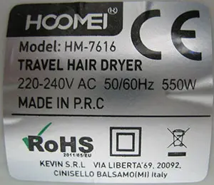 Photo de l’avis officiel: HOOMEI Travel Hair Dryer Sèche-cheveux — risque: Brûlures & Choc électrique