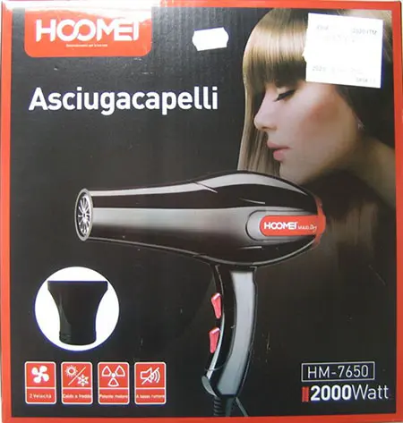 Foto dell’avviso ufficiale: HOOMEI HAIR DRYER (on the product); Asciugacapelli (on the packaging) — rischio: Ustioni & Incendio