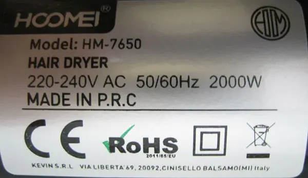 Foto dell’avviso ufficiale: HOOMEI HAIR DRYER (on the product); Asciugacapelli (on the packaging) — rischio: Ustioni & Incendio