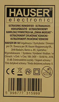 Photo from the official notice: HAUSER Ultrasonic humidifier / Ultrahangos hidegpárásító air humidifier — electric shock risk