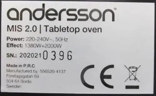 Photo de l’avis officiel: Andersson Tabletop oven Mini four — risque: Choc électrique & Incendie