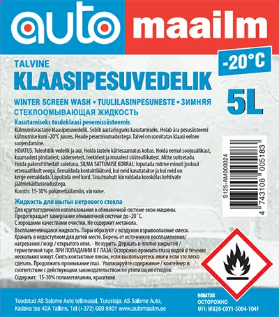 Photo from the official notice: Alexela, Automaailm, Bauhaus, CarMan, Carlake, GO4, Nordic Talvine klaasipesuvedelik (ET); Tuulilasinpesuneste — chemical risk