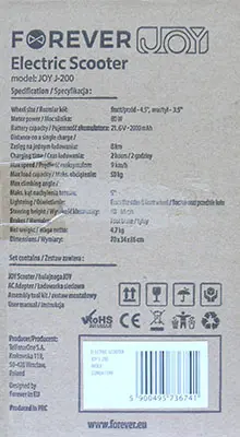 Foto dell’avviso ufficiale: FOREVER Electric Scooter (on the product), Scooter JOY (on the packaging) Scooter elettrico — rischio: Ustioni & Incendio