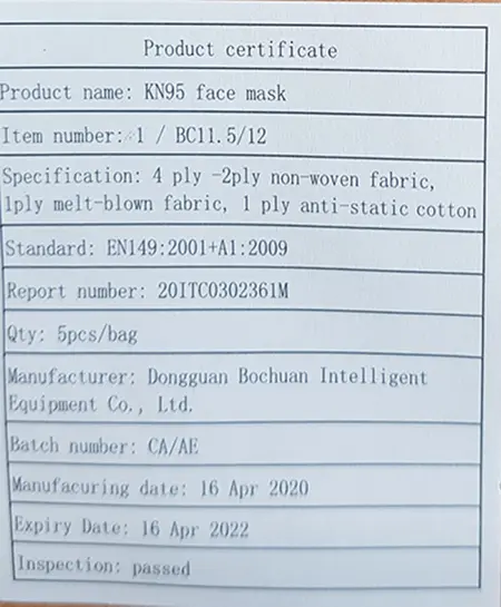 Photo from the official notice: Prosafety KN95 face mask particle filter mask — health risk