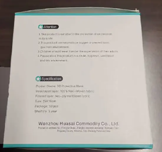 Photo from the official notice: WENZHOU HUASAI 3D PROTECTIVE MASK particle filter mask — health risk