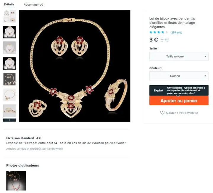 Photo from the official notice: Lot de bijoux avec pendentifs d'oreilles et fleurs de mariage élégantes jewellery set — chemical risk