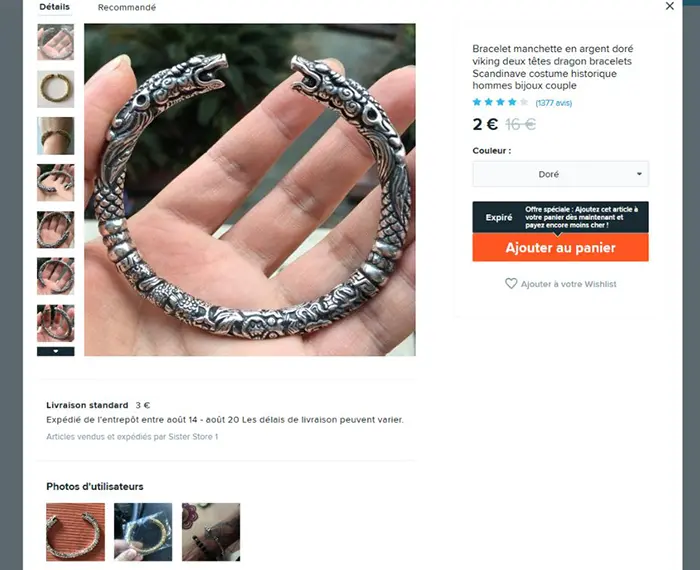 Photo from the official notice: Bracelet manchette en argent doré viking deux têtes dragon bracelets Scandinave costume historique h — chemical risk