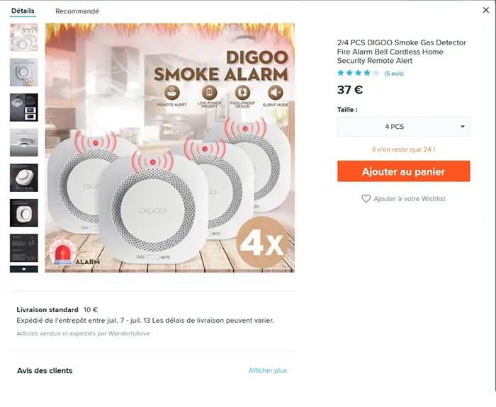 Photo de l’avis officiel: DIGOO 2/4 Pcs DIGOO Smoke Gas Detector Fire Alarm Bell Cordless Home Security Remote Alert Détecteur de fumée — risque: Asphyxie & Brûlures