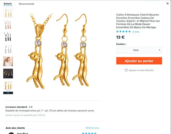 Foto aus der offiziellen Meldung: Collier À Breloques Chat Et Boucles Résultats pour "bijoux sans nickel" Voir le panier D'oreilles Schmuckset — Risiko: Chemikalie