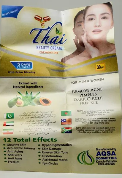 Photo de l’avis officiel: AQSA Cosmetics Thai Beauty Cream for Night Use Crème éclaircissante pour la peau — risque: Risque chimique