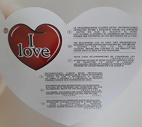 Foto aus der offiziellen Meldung: Bimar Bear "I Love" Plüschspielzeug — Risiko: Ersticken