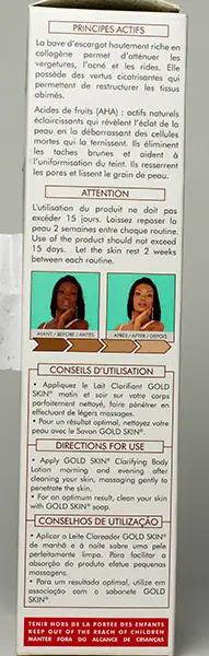 Foto do aviso oficial: Gold Skin Gold Skin Clarifying Body Lotion with Snail Slime Creme de clareamento da pele — risco: Químico