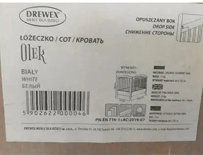 Foto uit de officiële melding: DREWEX® Meble dla dzieci Cot Olek white Kinderbedje — risico: Verwonding