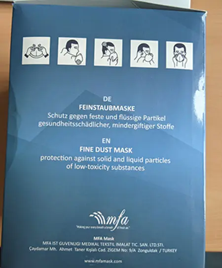 Foto aus der offiziellen Meldung: mfa FFP2 NR D fine dust mask Partikelfiltermaske — Risiko: Gesundheitsrisiken/Sonstige