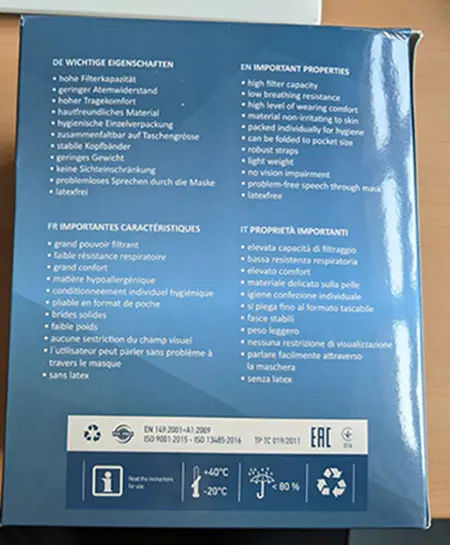 Foto aus der offiziellen Meldung: mfa FFP2 NR D fine dust mask Partikelfiltermaske — Risiko: Gesundheitsrisiken/Sonstige