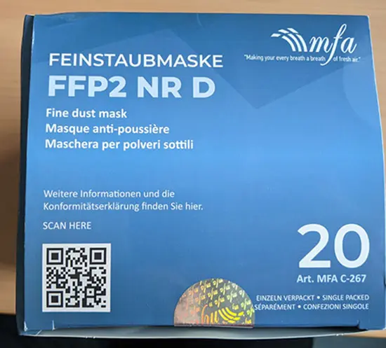 Foto aus der offiziellen Meldung: mfa FFP2 NR D fine dust mask Partikelfiltermaske — Risiko: Gesundheitsrisiken/Sonstige